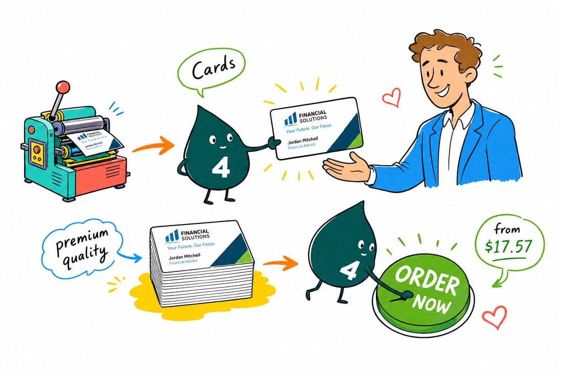 Wally the 4OVER4 mascot handing a financial advisor business card, priced at $17.57 for 100, across a desk to a client, teal hand-drawn line art.