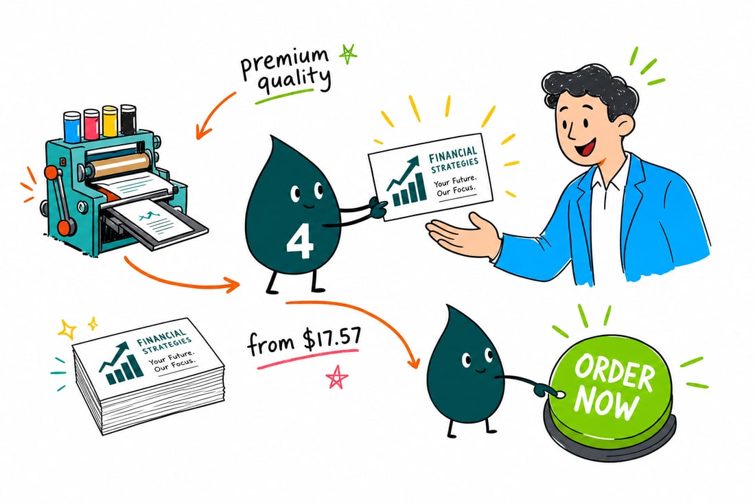 Wally the 4OVER4 mascot handing a crisp financial business card, priced at $17.57 for 100, across a desk to a client, teal hand-drawn line art.