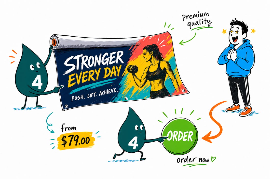 Wally the 4OVER4 mascot hanging a large fitness banner priced at $79 over a gym wall, teal hand-drawn line art.