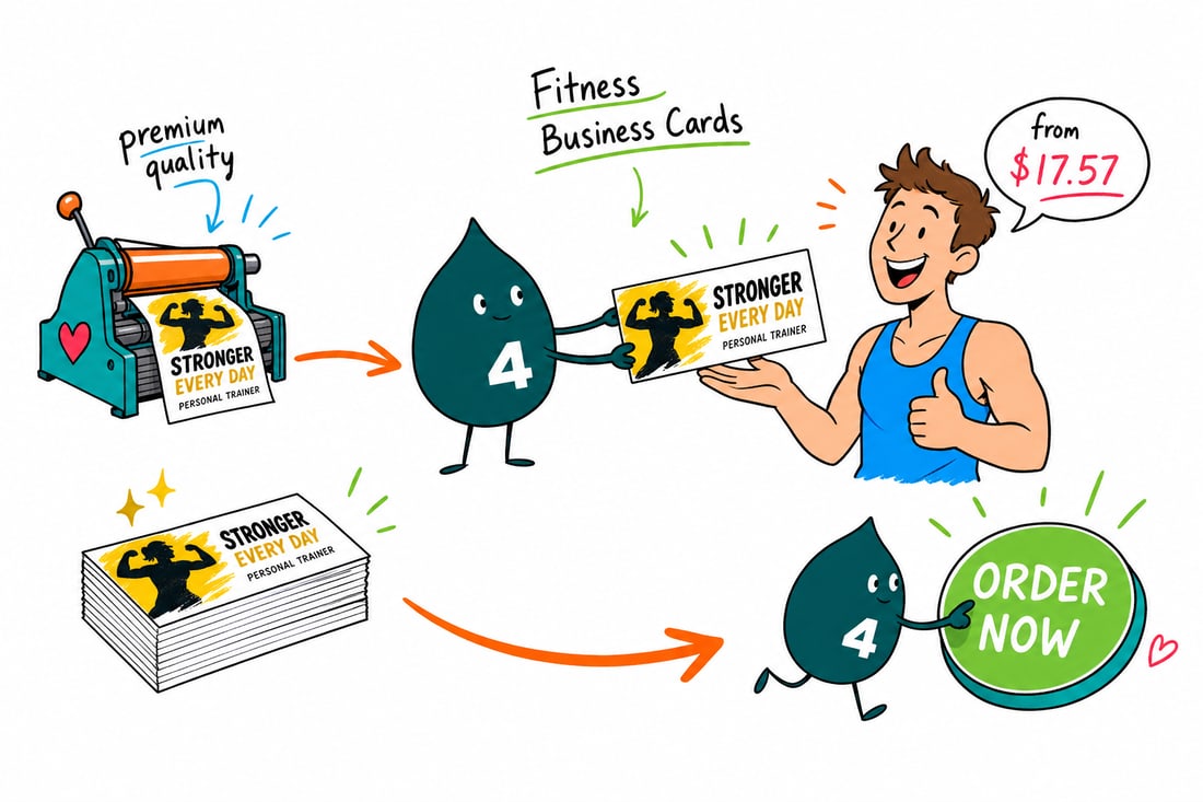 Wally the 4OVER4 mascot handing a fitness business card, priced at $17.57 for 100, across a gym front desk to a smiling member, teal hand-drawn line art.