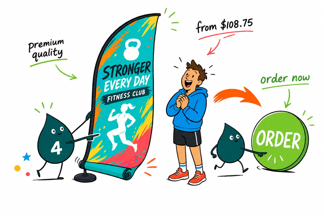 Wally the 4OVER4 mascot planting a tall fitness feather flag priced from $108.75 into the grass outside a busy gym, teal hand-drawn line art.