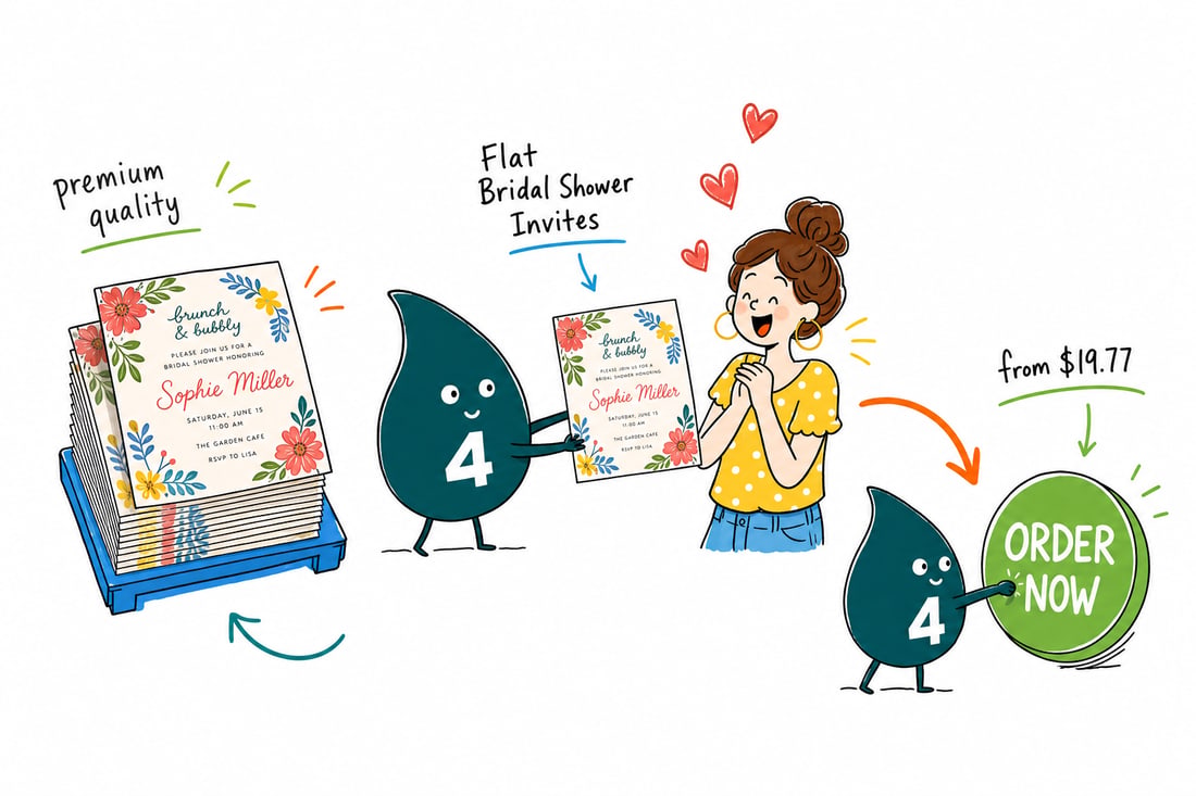 Wally the 4OVER4.COM mascot handing a flat bridal shower invite, priced from $19.77 for 25, with a matching white envelope, teal hand-drawn line art.