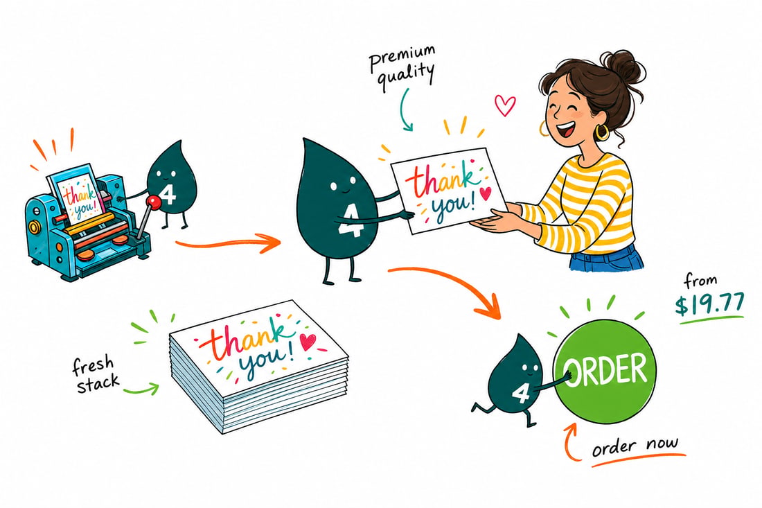 Wally the 4OVER4 mascot handing a flat thank you card priced at $19.77 for 25, with a matching white envelope, across a counter to a happy customer, teal hand-drawn line art.
