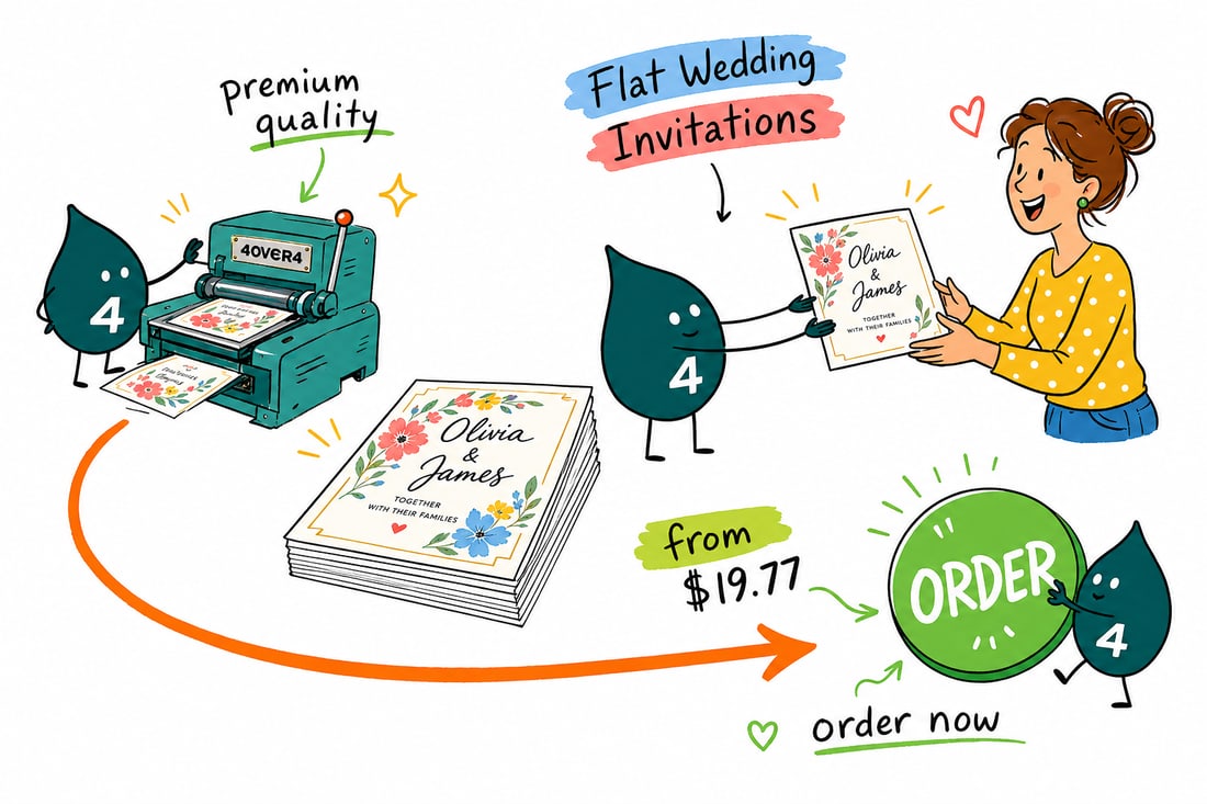 Wally the 4OVER4 mascot handing a flat wedding invitation, priced at $19.77 for 25, across a counter to a happy couple, teal hand-drawn line art.