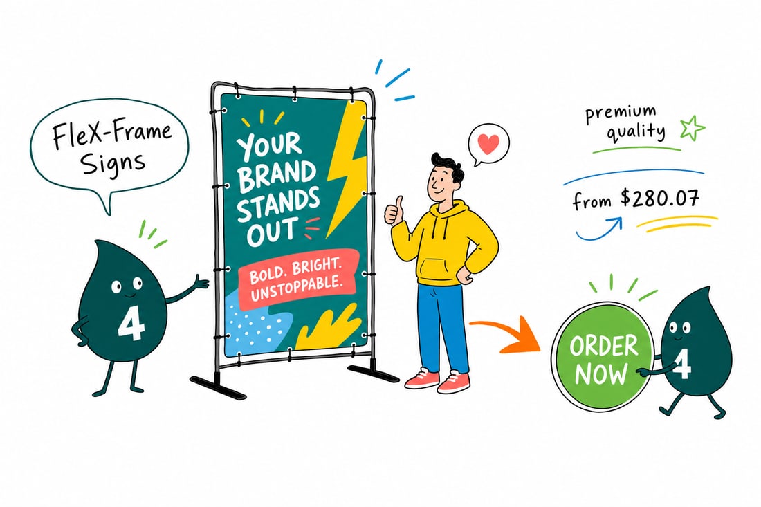 Wally the 4OVER4 mascot standing beside a black-framed FleX-Frame sidewalk sign priced at $280.07, its 24 by 36 inch corrugated plastic panel printed double-sided, teal hand-drawn line art.
