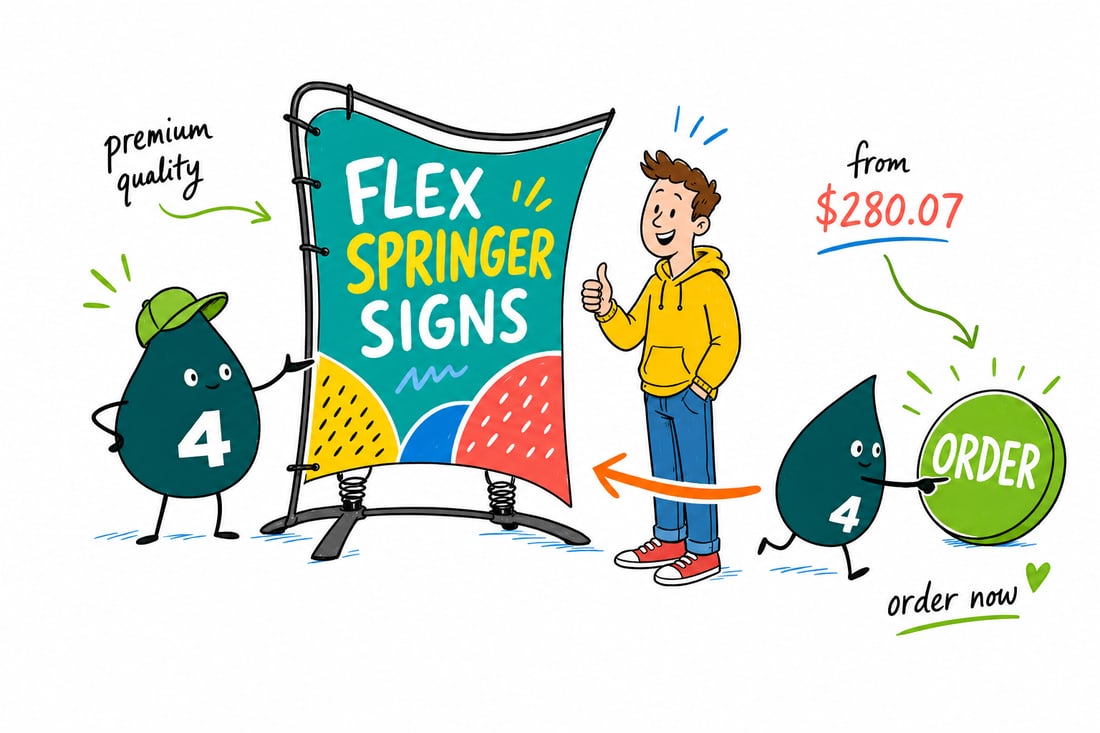 Wally the 4OVER4 mascot beside a black spring-mounted Flex Springer sidewalk sign priced at $280.07, its 24 by 36 inch corrugated plastic panel printed double-sided, teal hand-drawn line art.