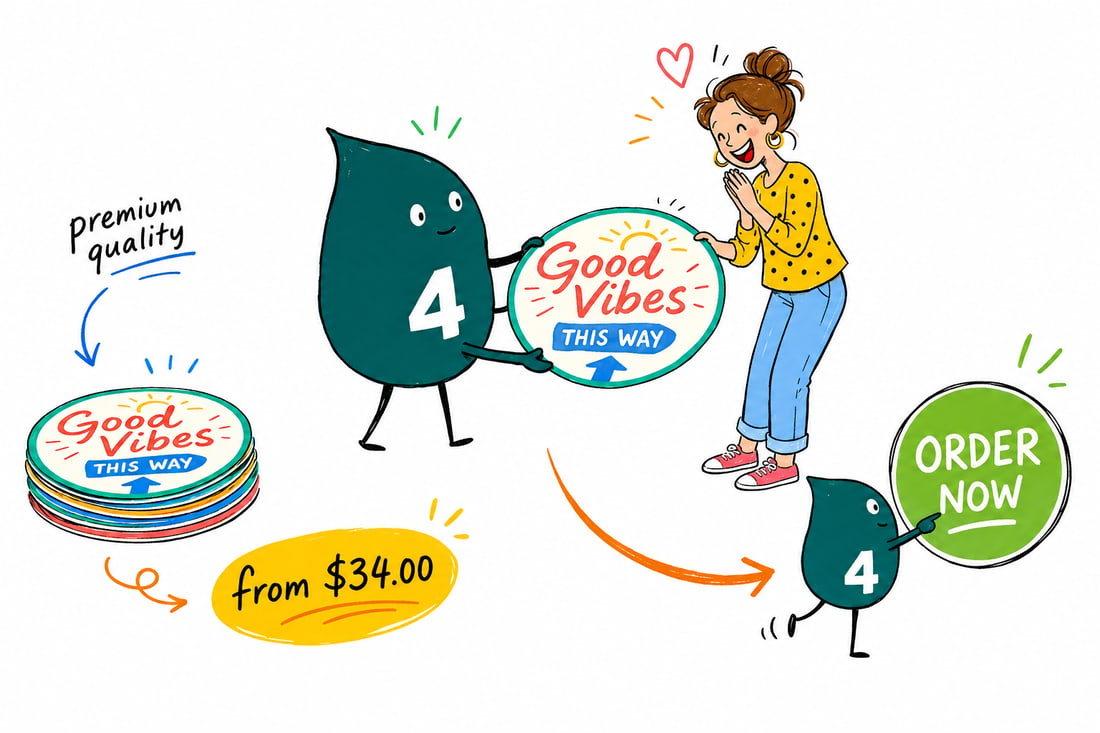 Wally the 4OVER4 mascot pressing a full-color floor graphic onto a store floor, priced at $34, teal hand-drawn line art.