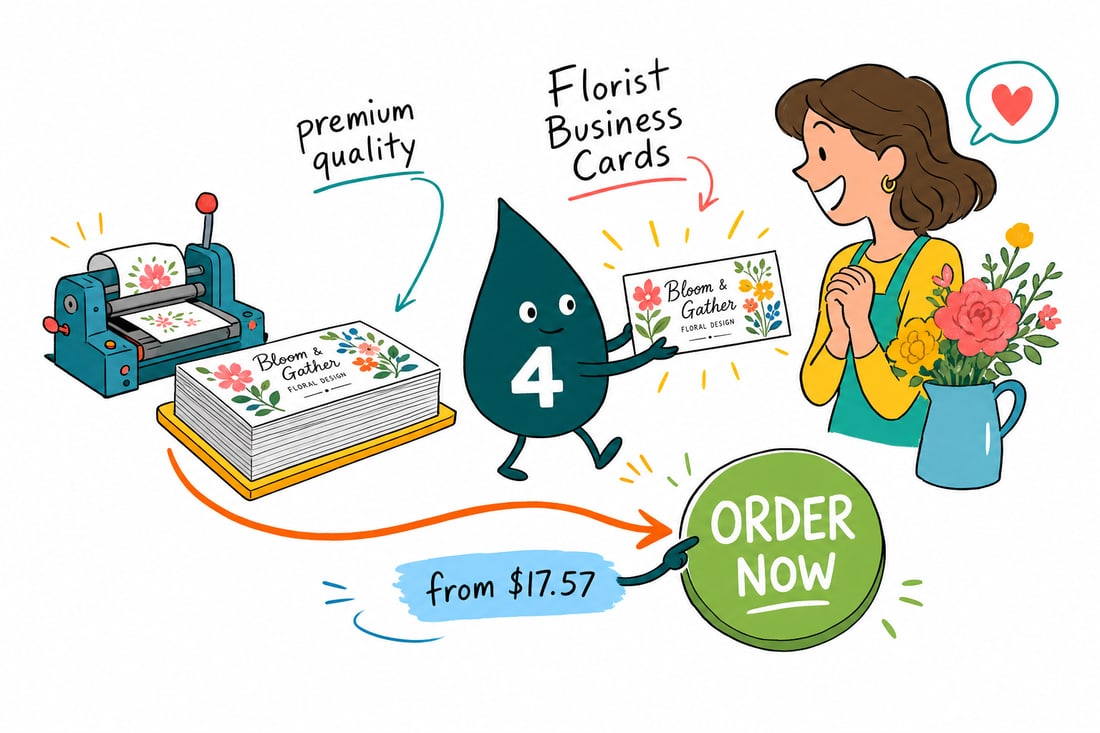 Wally the 4OVER4 mascot handing a full-color florist business card, priced at $17.57 for 100, across a flower shop counter to a happy customer, teal hand-drawn line art.