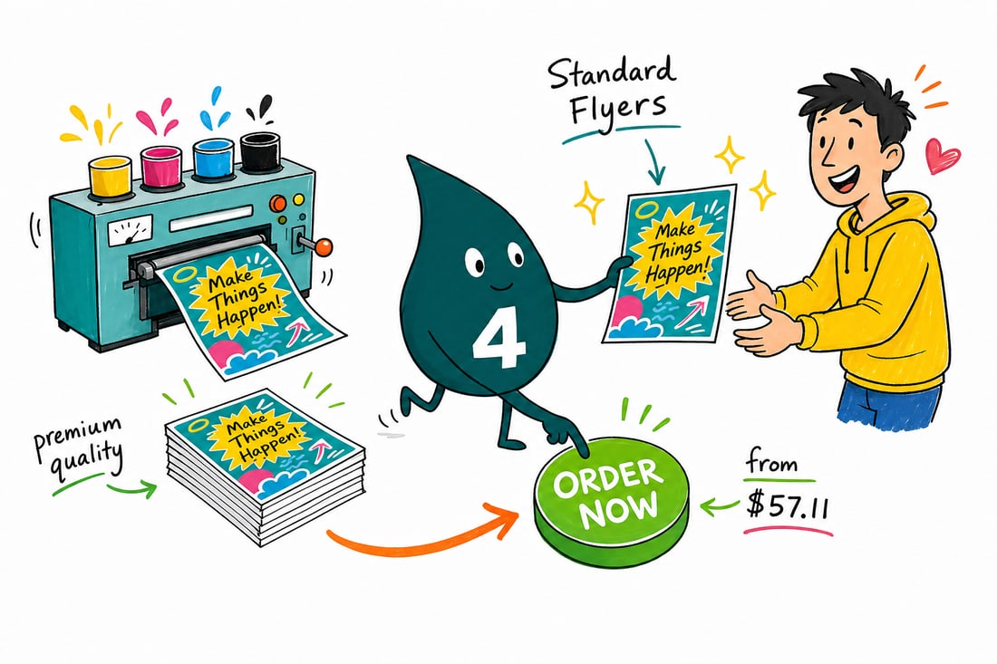 Wally the 4OVER4 mascot handing a stack of full-color flyers, priced at $57.11 for 100, across a counter to a happy customer, teal hand-drawn line art.