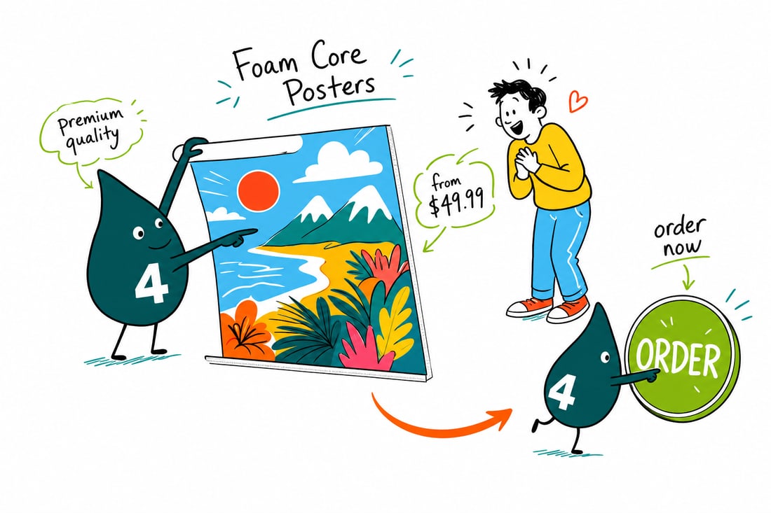 Wally the 4OVER4 mascot setting a mounted foam core poster on an easel at a trade show booth, priced from $49.99, teal hand-drawn line art.