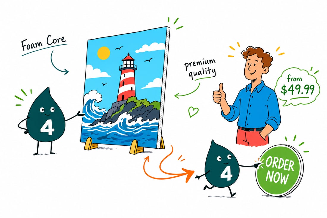 Wally the 4OVER4 mascot standing a printed foam core board on an easel, labeled from $49.99, teal hand-drawn line art.