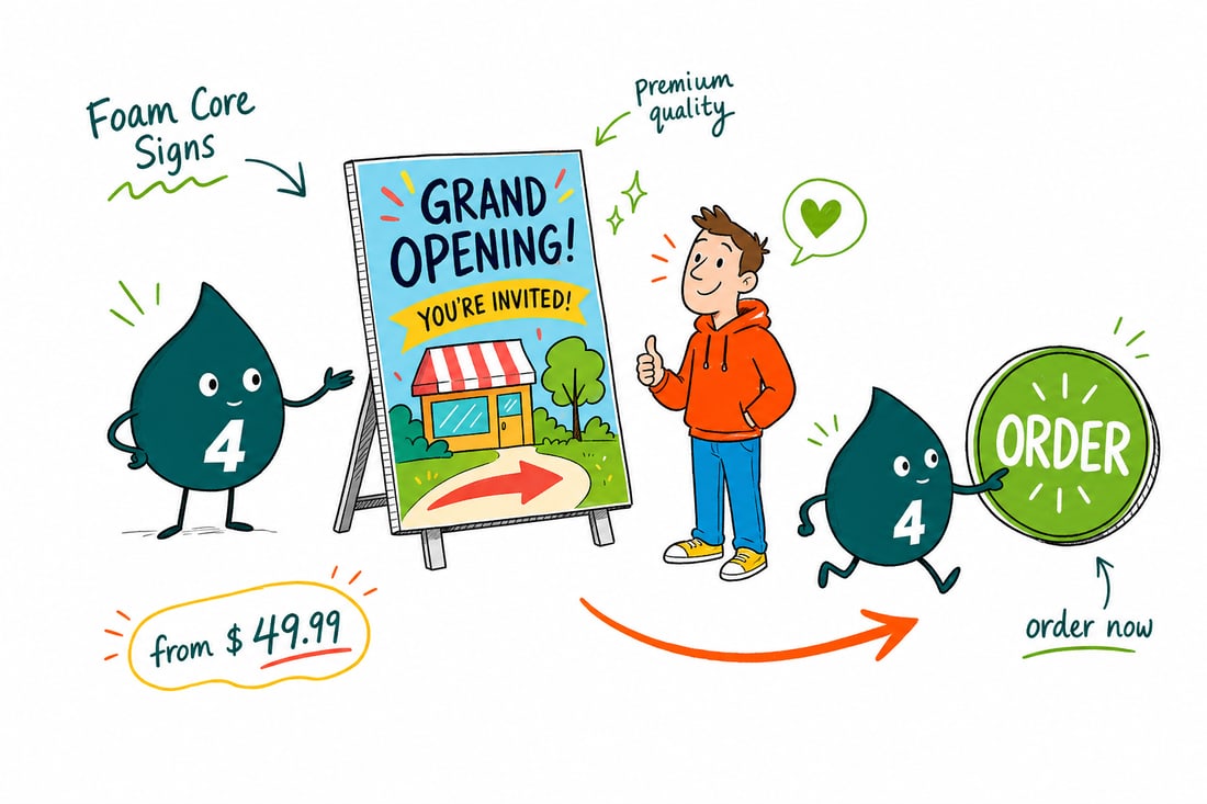 Wally the 4OVER4 mascot standing a full-color foam core sign priced at $49.99 on an easel next to a happy customer, teal hand-drawn line art.