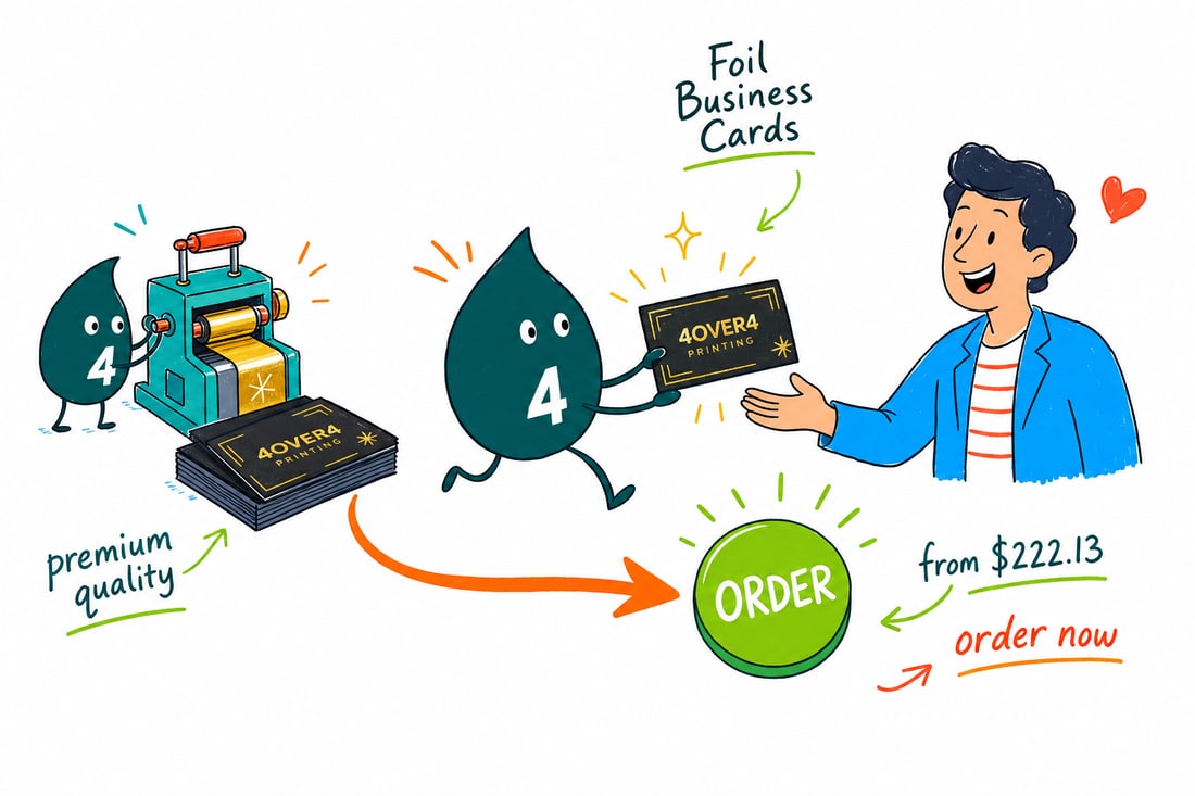 Wally the 4OVER4 mascot handing over a premium business card with a gold foil logo that catches the light, priced from $222.13 for 500, teal hand-drawn line art.