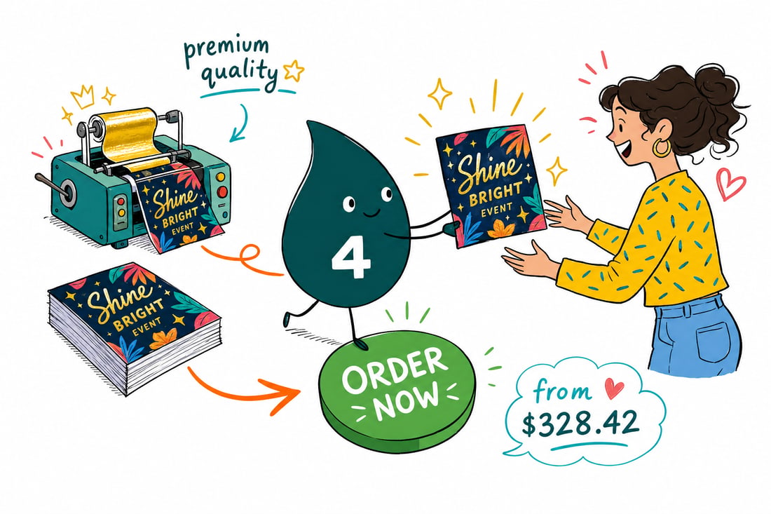 Wally the 4OVER4 mascot holding a foil flyer with a shiny gold metallic headline, priced from $328.42 for 500, teal hand-drawn line art.