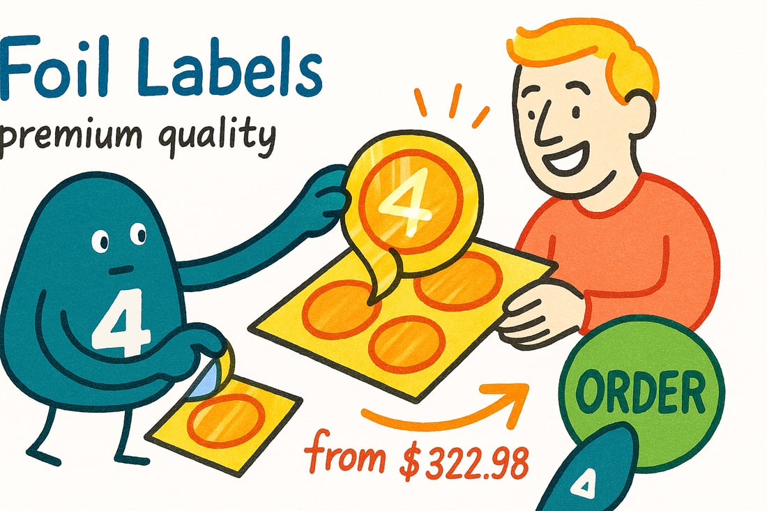 Wally the 4OVER4 mascot pressing a shiny silver foil label onto a product box, priced from $322.98 for 100, teal hand-drawn line art.