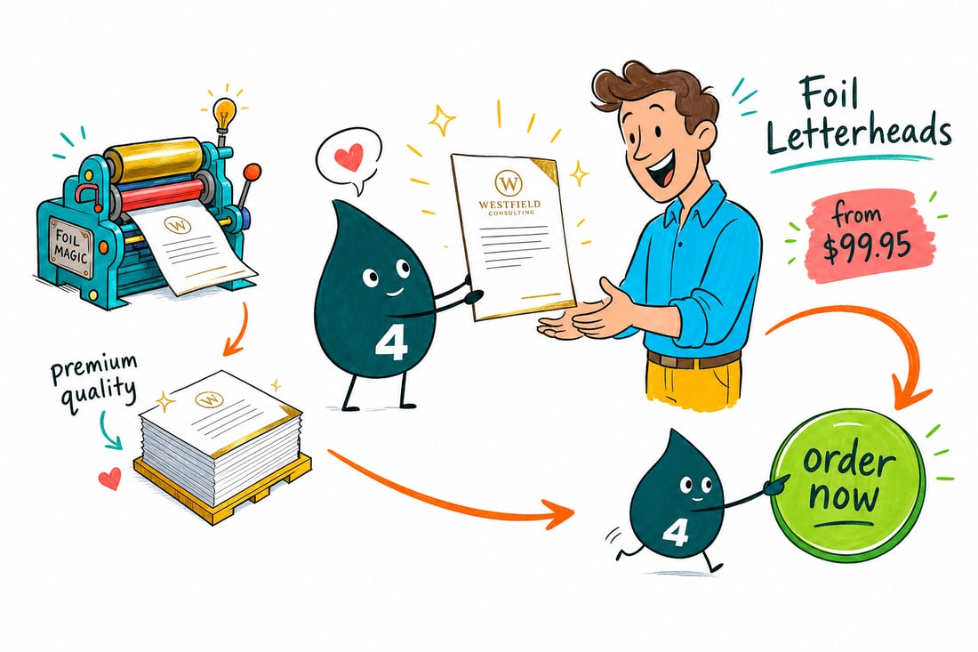Wally the 4OVER4 mascot handing a crisp 8.5 by 11 inch foil letterhead, priced from $99.95 for 50, across a desk to a business owner, teal hand-drawn line art.