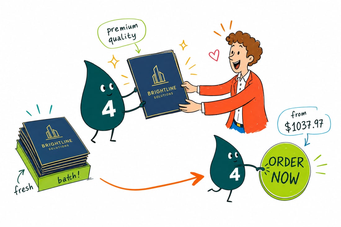 Wally the 4OVER4 mascot handing a 9 by 12 inch foil presentation folder with a raised gold foil logo to a client across a desk, teal hand-drawn line art.