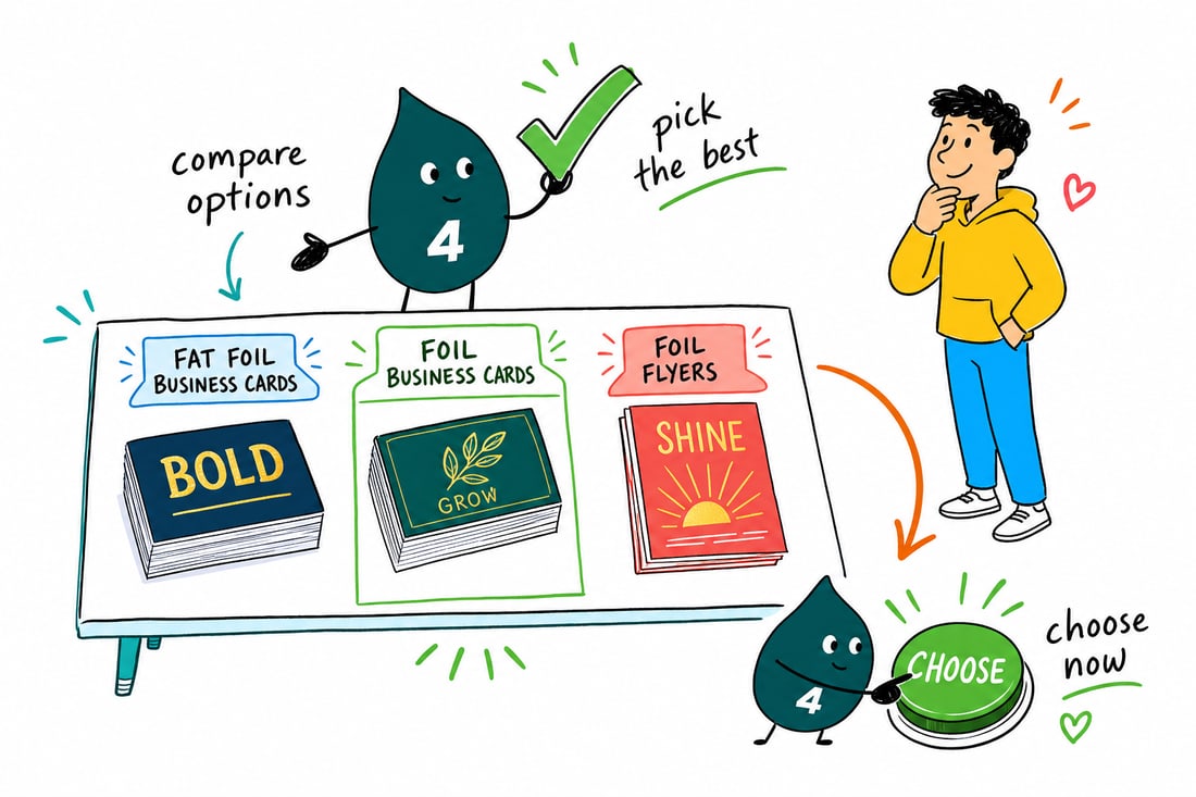 Wally compares Foil Printing options side by side at 4OVER4.COM