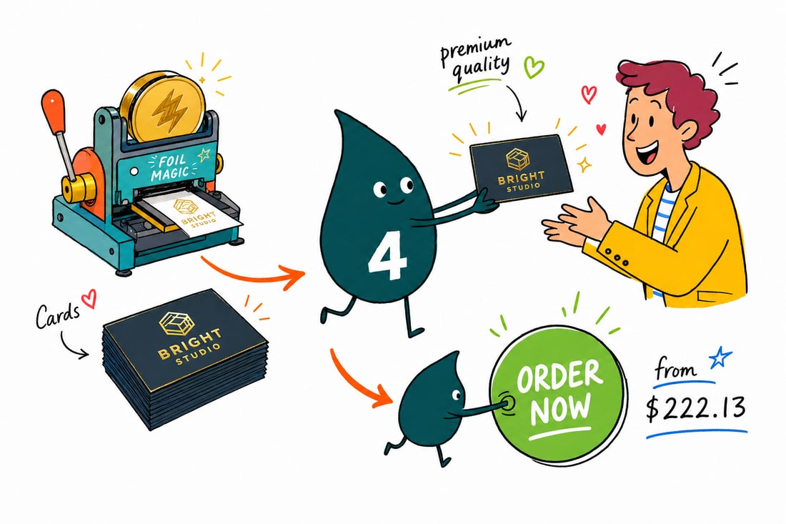Wally the 4OVER4 mascot pressing bright gold foil onto a business card with a heated die, showing the metallic logo shining, priced from $222.13 for 500, teal hand-drawn line art.