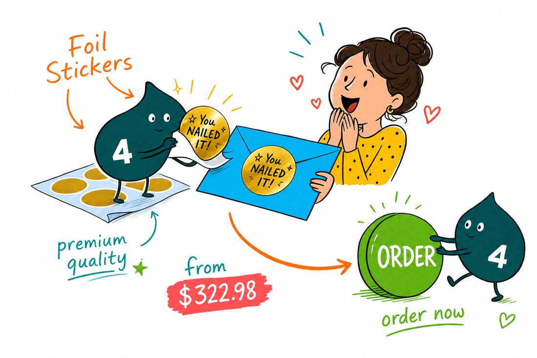 Wally the 4OVER4 mascot holding a roll of bright metallic silver foil stickers, teal hand-drawn line art.