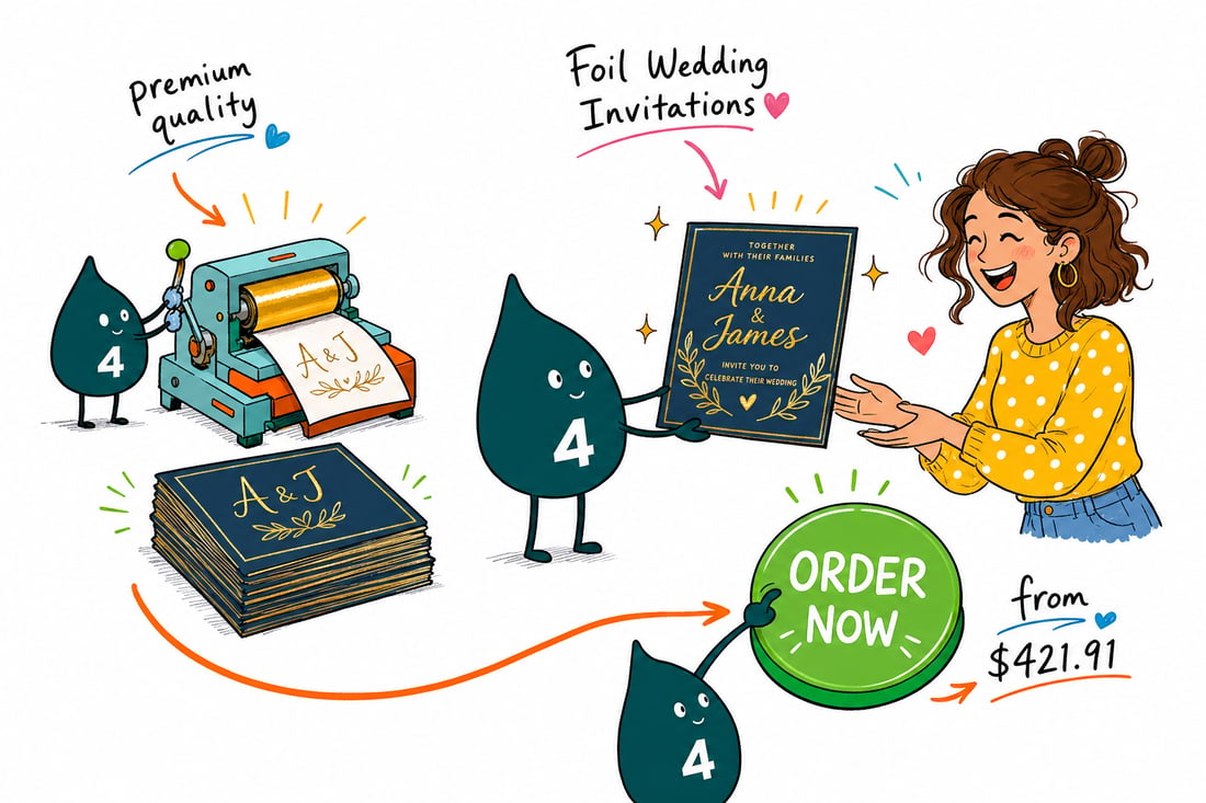 Wally the 4OVER4 mascot holding a foil wedding invitation with a gold monogram, priced at $421.91 for 500, handing it across a counter, teal hand-drawn line art.