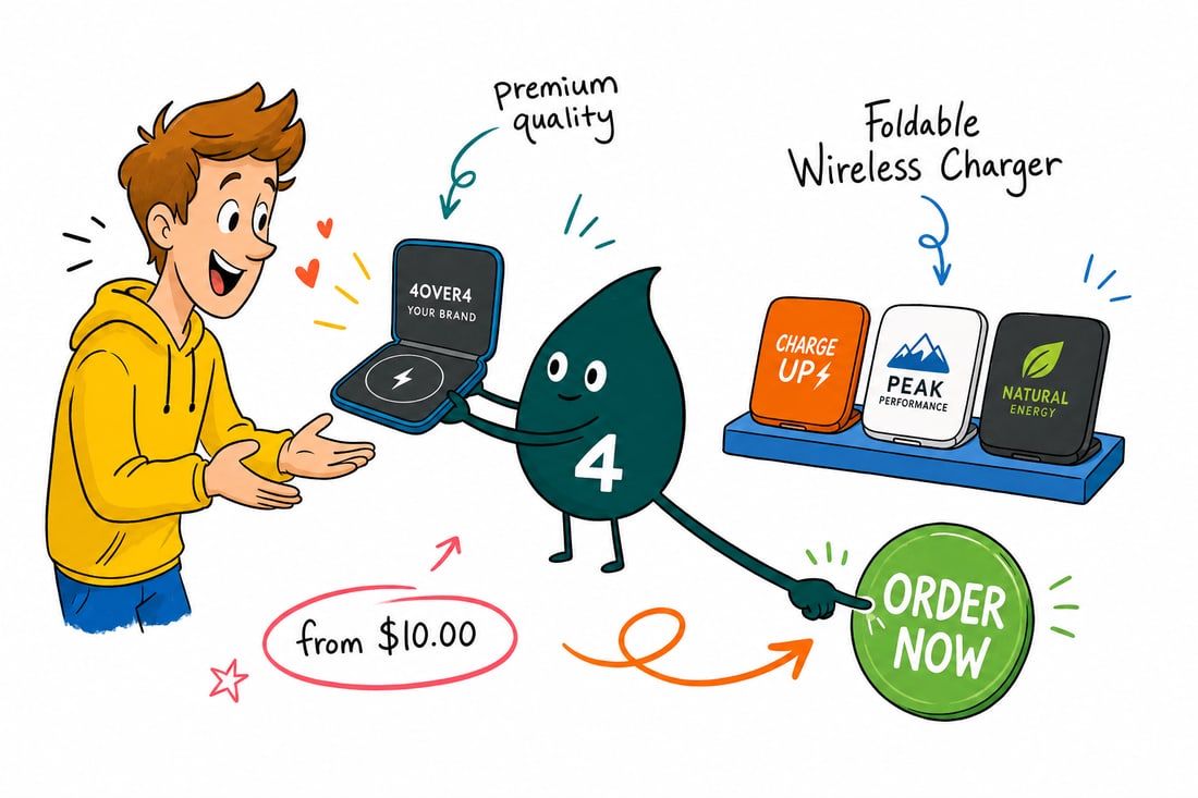 Wally the 4OVER4 mascot holding a foldable wireless charger printed with a logo, priced at $10 each, teal hand-drawn line art.