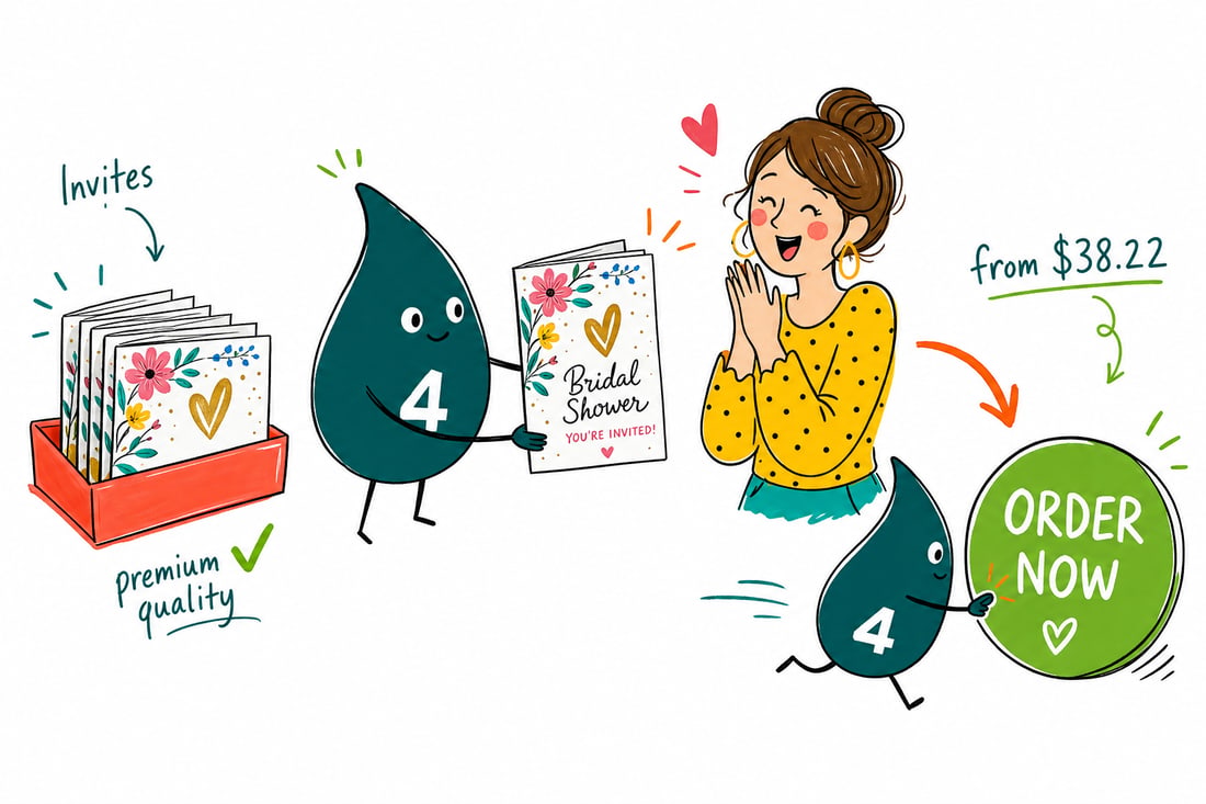 Wally the 4OVER4 mascot handing an open folded bridal shower invite, priced at $38.22 for 25, across a counter to a happy customer, teal hand-drawn line art.