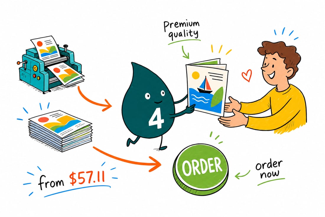 Wally the 4OVER4 mascot handing a half-folded brochure priced at $57.11 for 50 to a customer at a counter, teal hand-drawn line art.