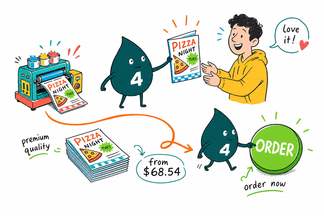 Wally the 4OVER4 mascot handing a trifold folded flyer, priced from $68.54 for 50, across a counter to a happy customer, teal hand-drawn line art.