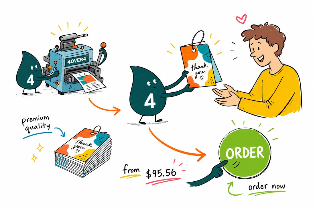 Wally the 4OVER4 mascot opening a folded hang tag to show a printed logo on the front and care instructions inside, tied to a garment, teal hand-drawn line art.