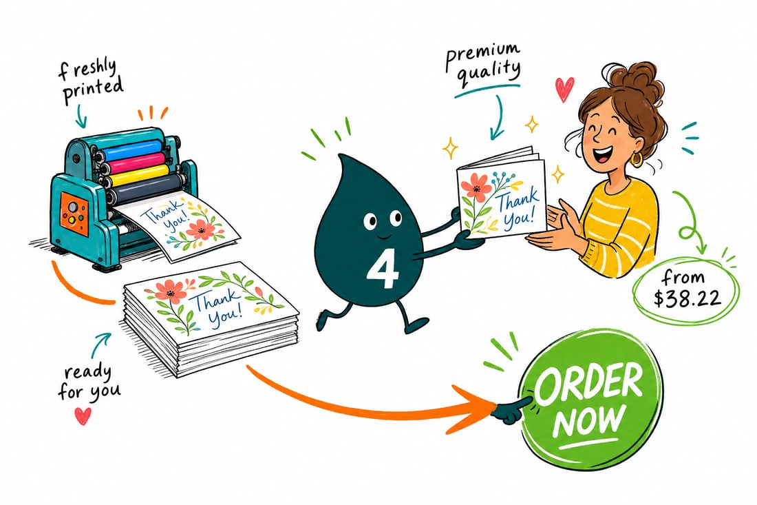 Wally the 4OVER4 mascot handing an open folded notecard, priced at $38.22 for 25, across a counter to a happy customer, teal hand-drawn line art.