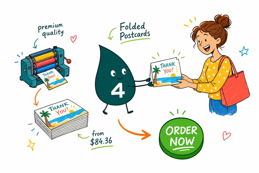 Wally the 4OVER4 mascot handing an opened folded postcard, priced at $84.36 for 50, across a counter to a happy customer, teal hand-drawn line art.