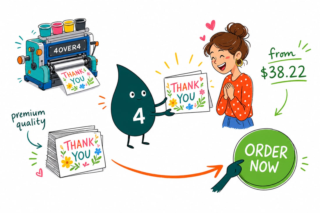 Wally the 4OVER4 mascot handing a folded thank you card, priced at $38.22 for 25, across a counter to a happy customer, teal hand-drawn line art.