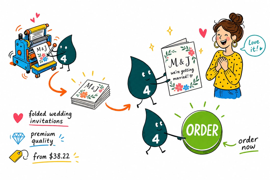 Wally the 4OVER4 mascot handing an opened folded wedding invitation, priced at $38.22 for 25, across a counter to a happy couple, teal hand-drawn line art.