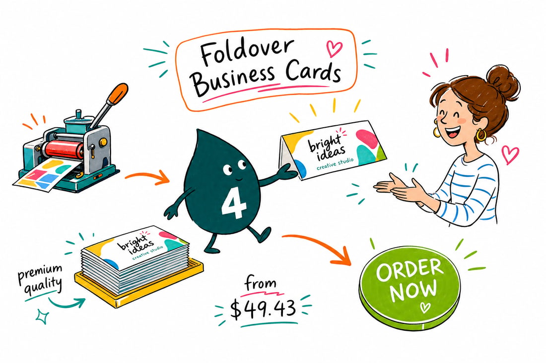 Wally the 4OVER4 mascot opening a foldover business card to show four printed panels, priced at $49.43 for 100, teal hand-drawn line art.