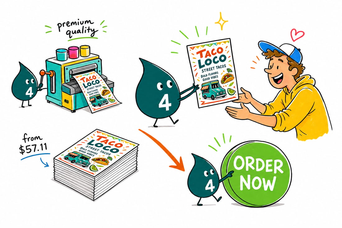 Wally the 4OVER4 mascot handing a bright food truck flyer, priced from $39.54 for 50, to a customer beside a food truck, teal hand-drawn line art.