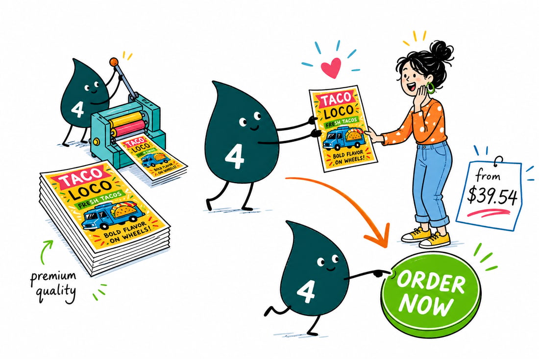 Wally the 4OVER4 mascot handing a bright food truck flyer, priced from $39.54 for 50, to a customer beside a food truck, teal hand-drawn line art.