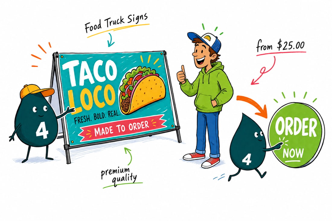 Wally the 4OVER4 mascot mounting a bright food truck menu sign, priced from $25, on the side of a food truck, teal hand-drawn line art.