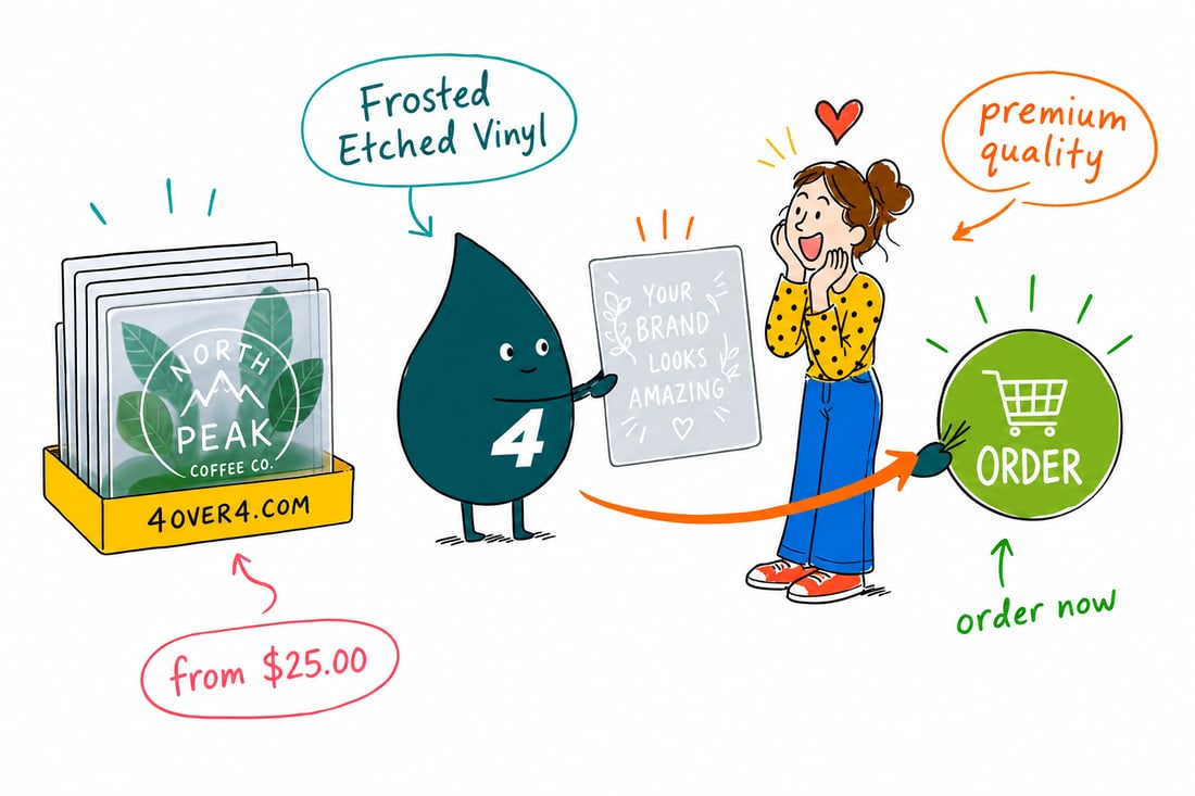 Wally the 4OVER4 mascot pressing a sheet of frosted etched vinyl onto an office glass door, the glass turning a soft private frost, priced at $25 per piece, teal hand-drawn line art.