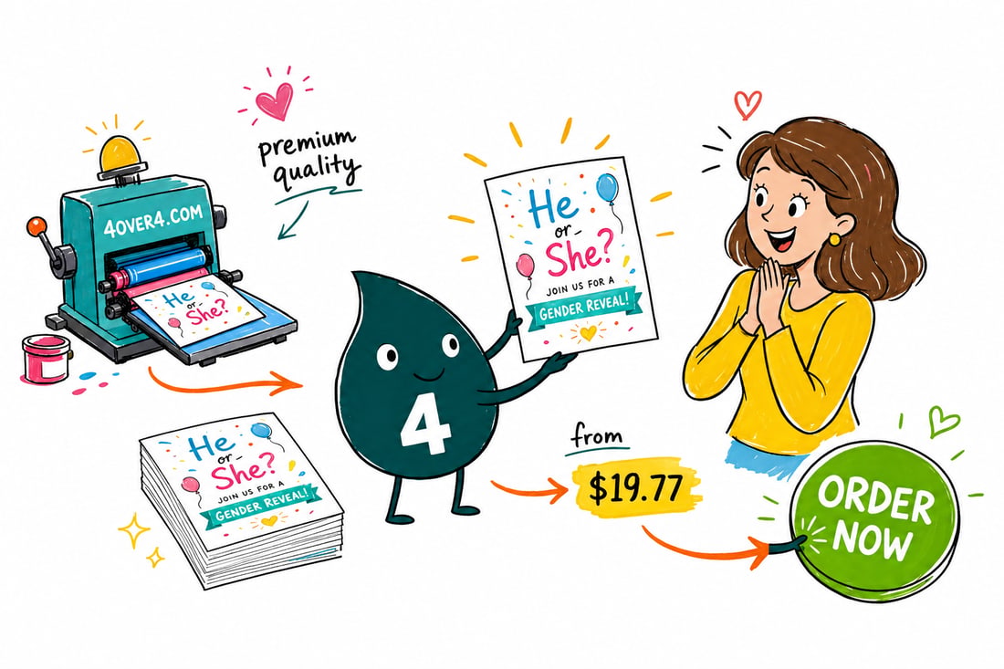 Wally the 4OVER4 mascot handing a pink and blue gender reveal invitation card, priced at $19.77 for 25, across a counter to a happy expectant parent, teal hand-drawn line art.
