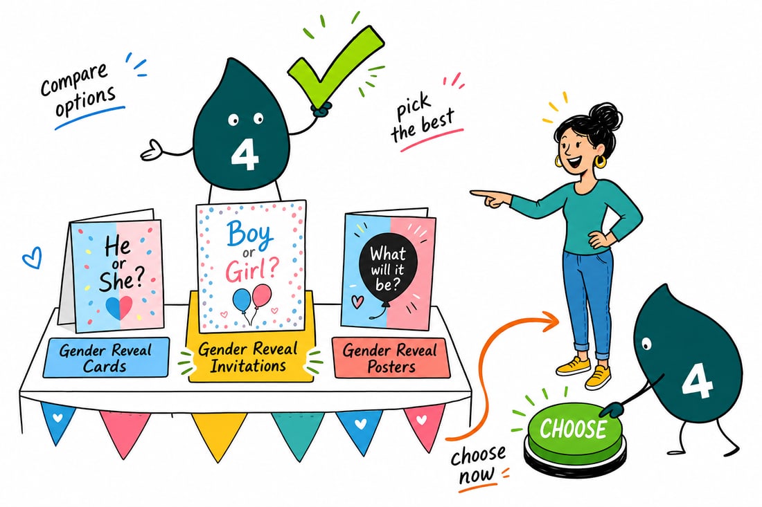 Wally compares Gender Reveal options side by side at 4OVER4.COM