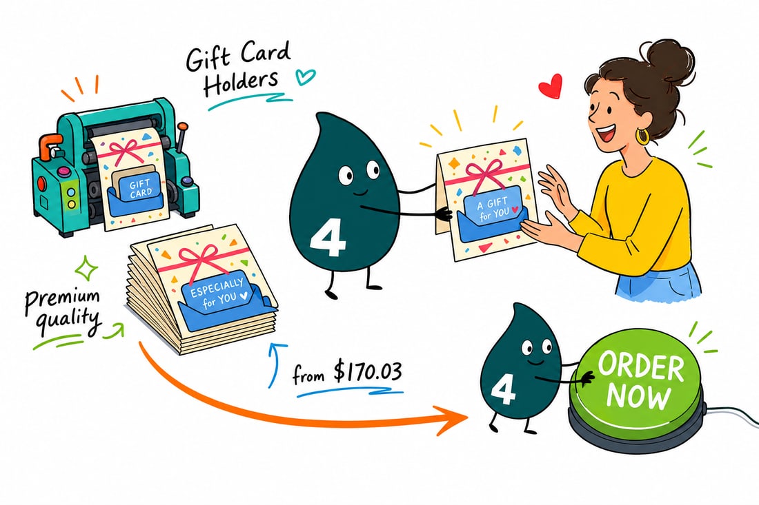 Wally the 4OVER4 mascot folding a printed gift card holder around a gift card and sliding it into an A6 envelope, teal hand-drawn line art.