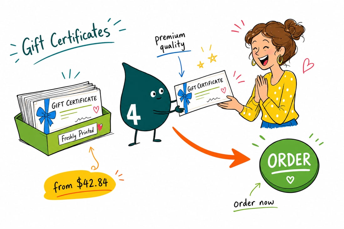 Wally the 4OVER4 mascot handing a printed gift certificate, priced from $42.84 for 50, across a counter to a happy customer, teal hand-drawn line art.