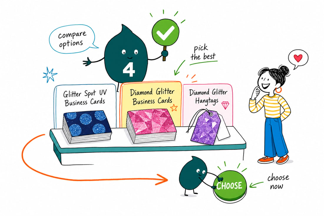 Wally compares Glitter Effect Printing options side by side at 4OVER4.COM