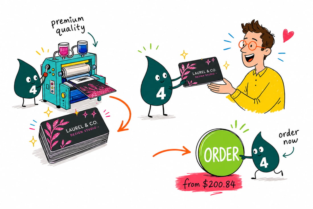 Wally the 4OVER4 mascot holding up a glitter spot UV business card, its logo sparkling with a raised clear coat on a silk-laminated stock, teal hand-drawn line art.