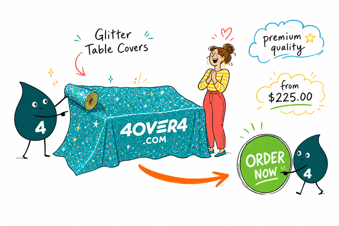 Wally the 4OVER4 mascot draping a sparkling glitter table cover over a trade show display table, teal hand-drawn line art.