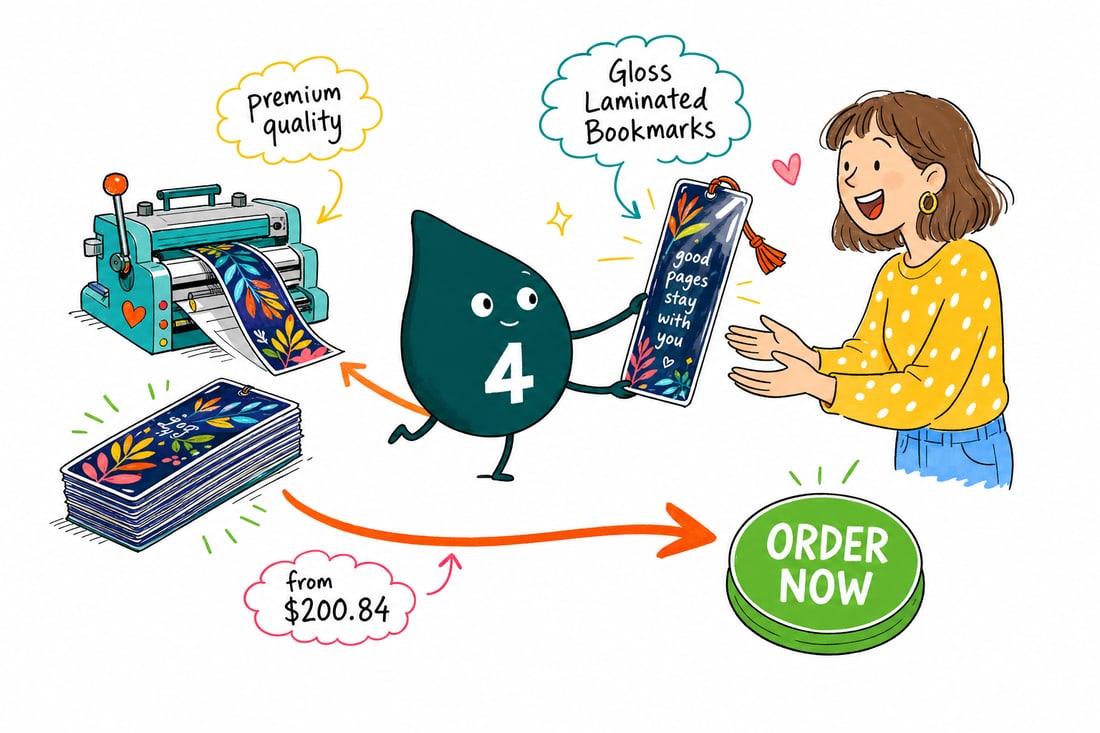 Wally the 4OVER4 mascot handing a shiny gloss laminated bookmark, priced at $200.84 for 100, to a happy reader beside a stack of books, teal hand-drawn line art.