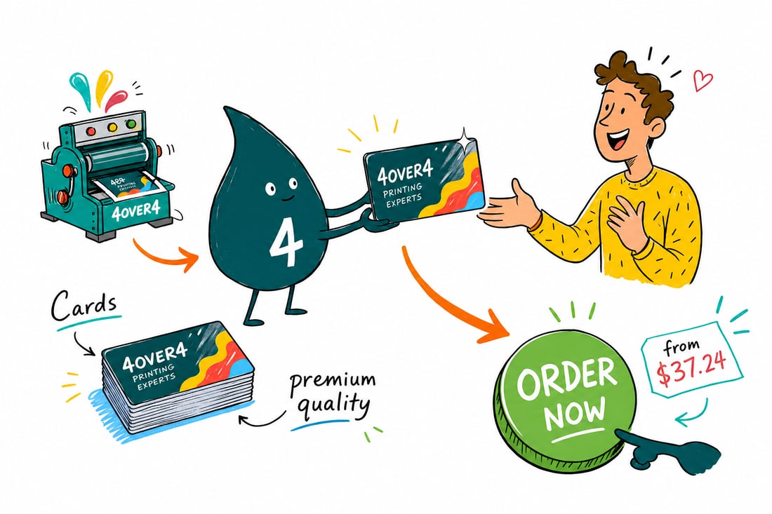 Wally the 4OVER4 mascot holding a shiny gloss laminated business card priced at $37.24 for 50, light glinting off the glossy film, teal hand-drawn line art.