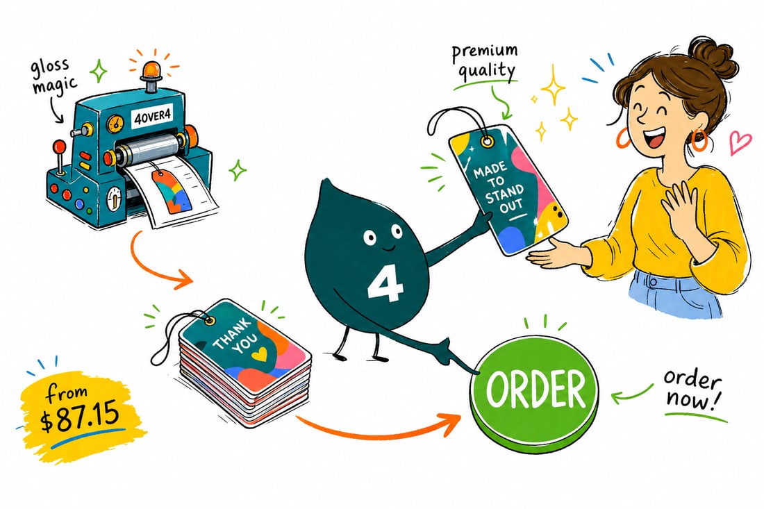 Wally the 4OVER4 mascot tying a glossy full-color laminated hangtag onto a folded garment, priced at $87.15 for 100, teal hand-drawn line art.