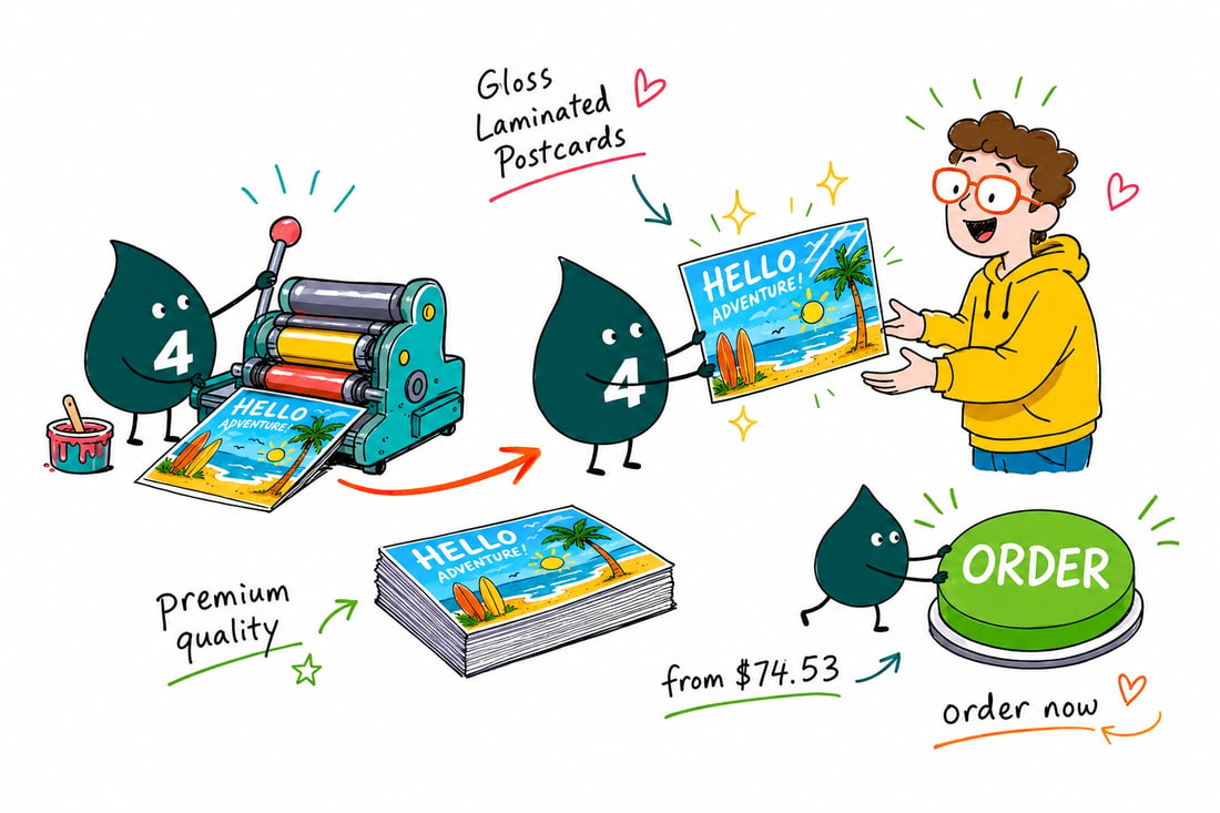 Wally the 4OVER4 mascot holding up a glossy laminated postcard priced at $74.53 for 250, light glinting off its sealed surface, teal hand-drawn line art.